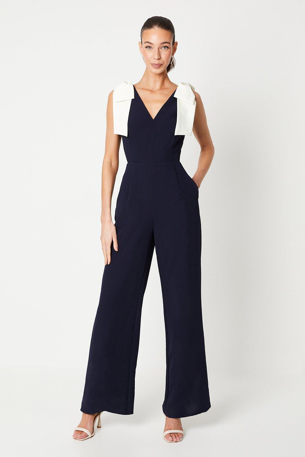 Jumpsuit With Contrast Bow Shoulders - Navy