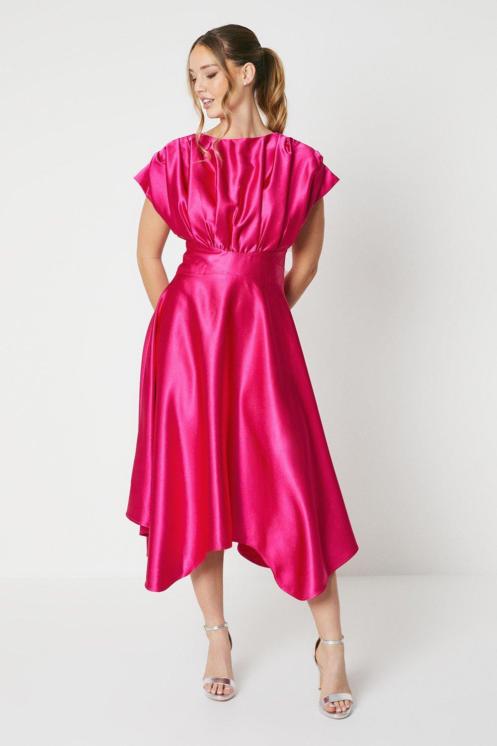 Satin Pleat Shoulder Handkerchief Hem Midi Dress - Pink