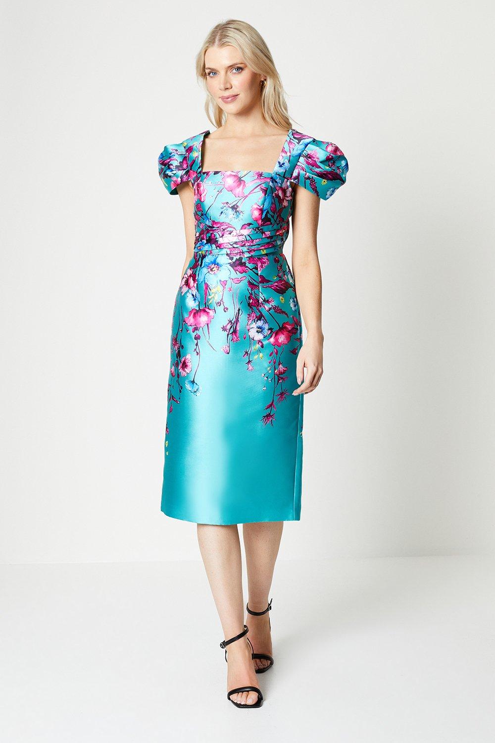 Printed Twill Pencil Dress With Puff Sleeve - Blue