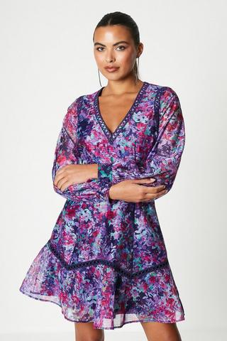 Beige Floral Mini Dress - A-Line Dress - Floral Embroidered Dress