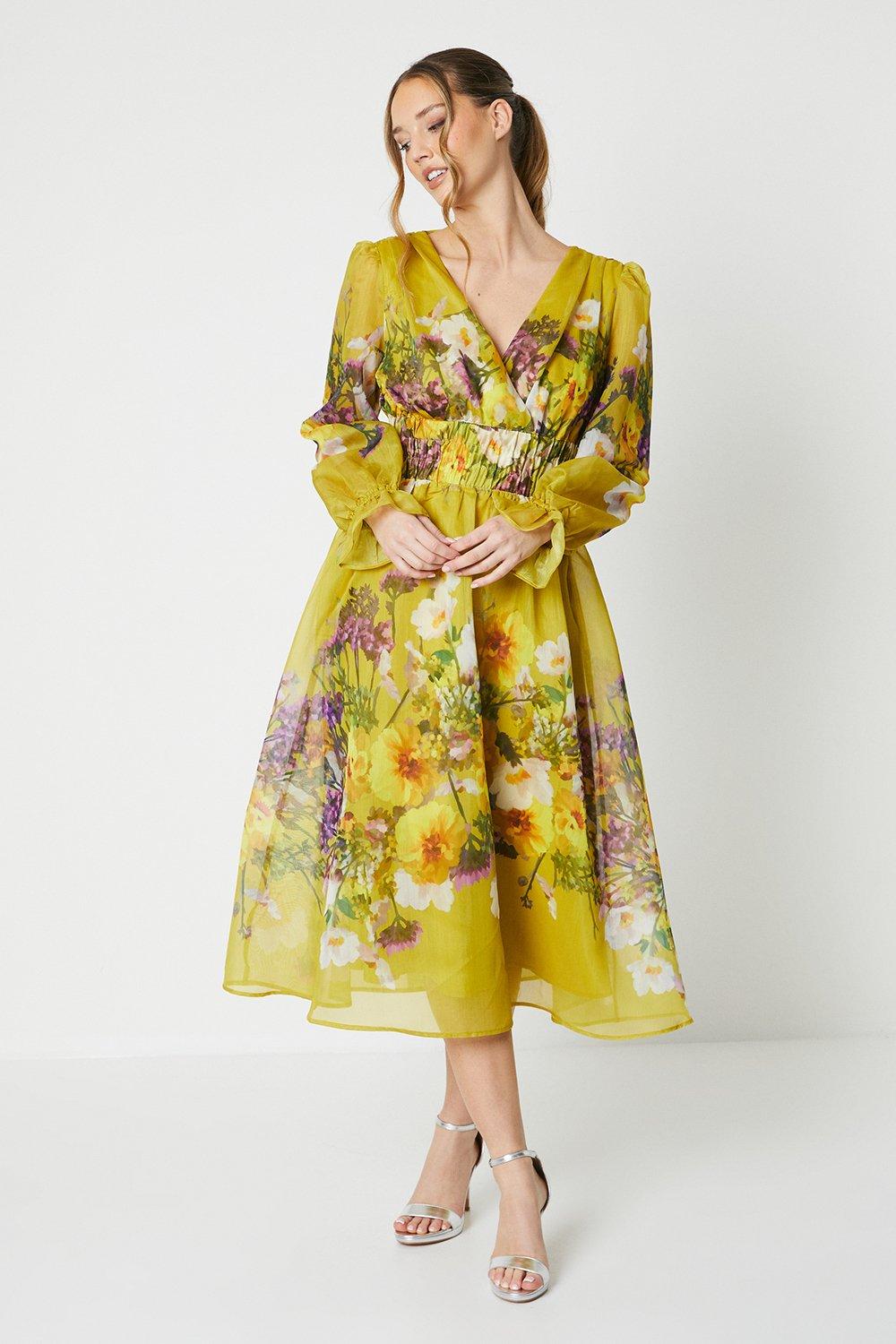 Printed Blouson Sleeve Organza Midi Dress - Yellow