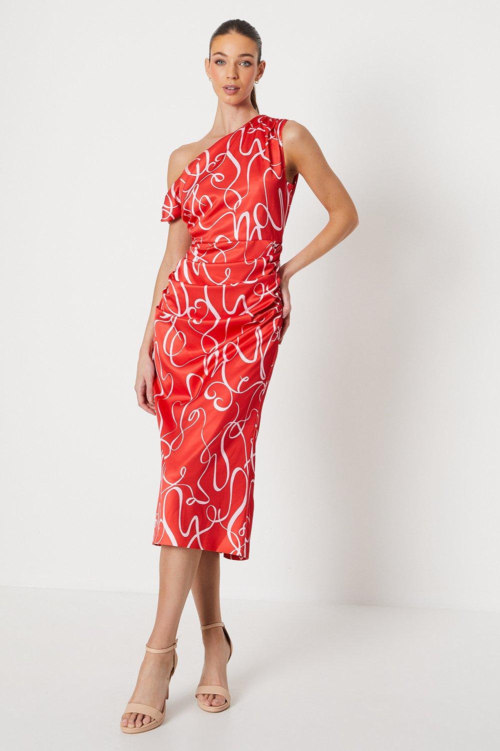 Fallen Shoulder Printed Satin Midi Dress - Red