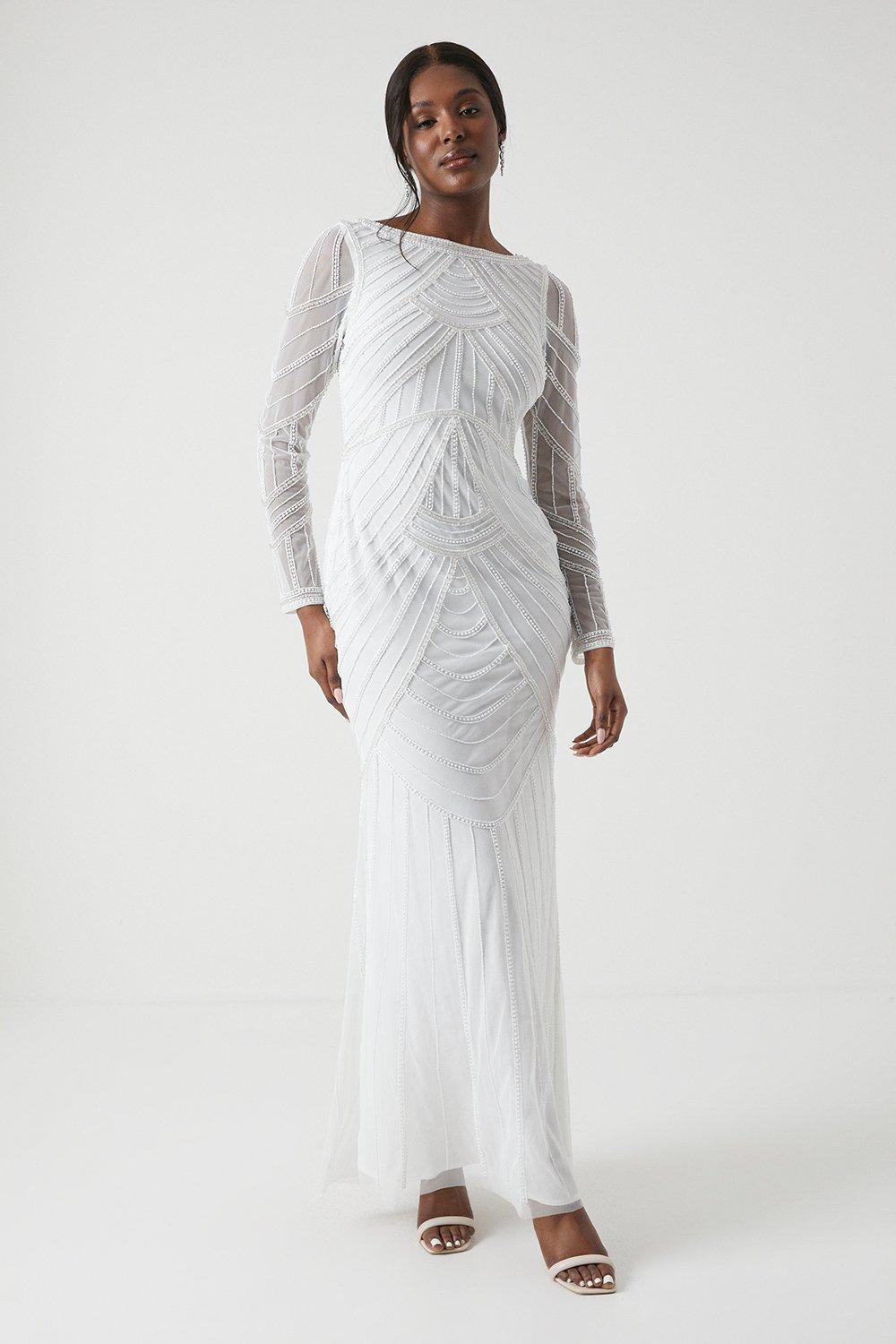 Deco Beadwork Long Sleeve Wedding Dress - Ivory