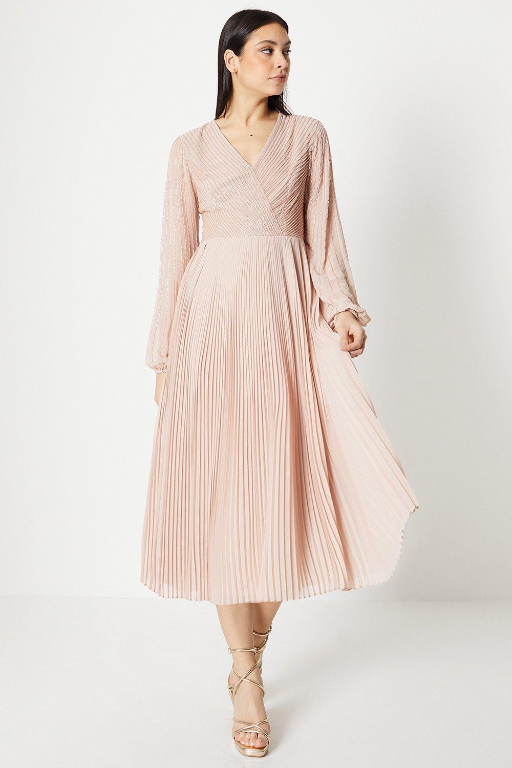 Embellished Wrap Bodice Midi Dress With Pleated Skirt - Pink