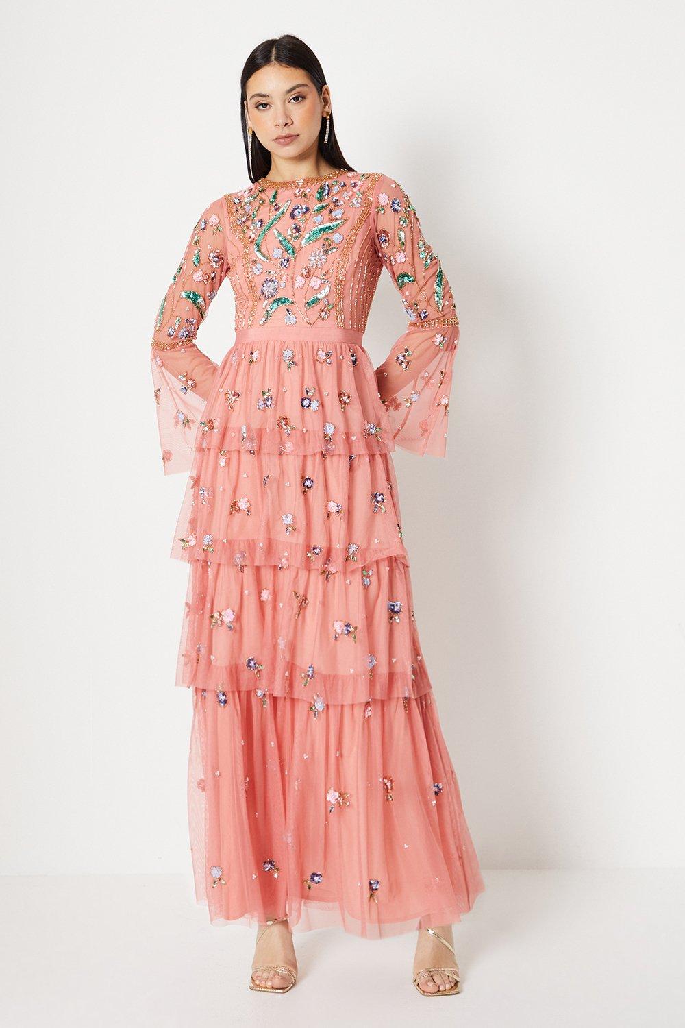 Hand Embellished Tiered Skirt Maxi Dress - Pink