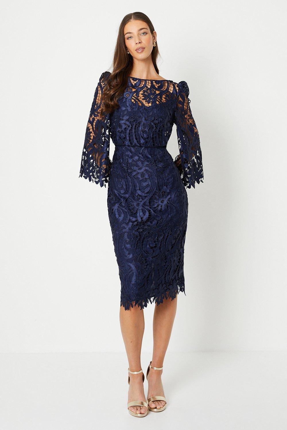 Satin Lace Boat Neck Midi Dress With Fluted Sleeve - Navy