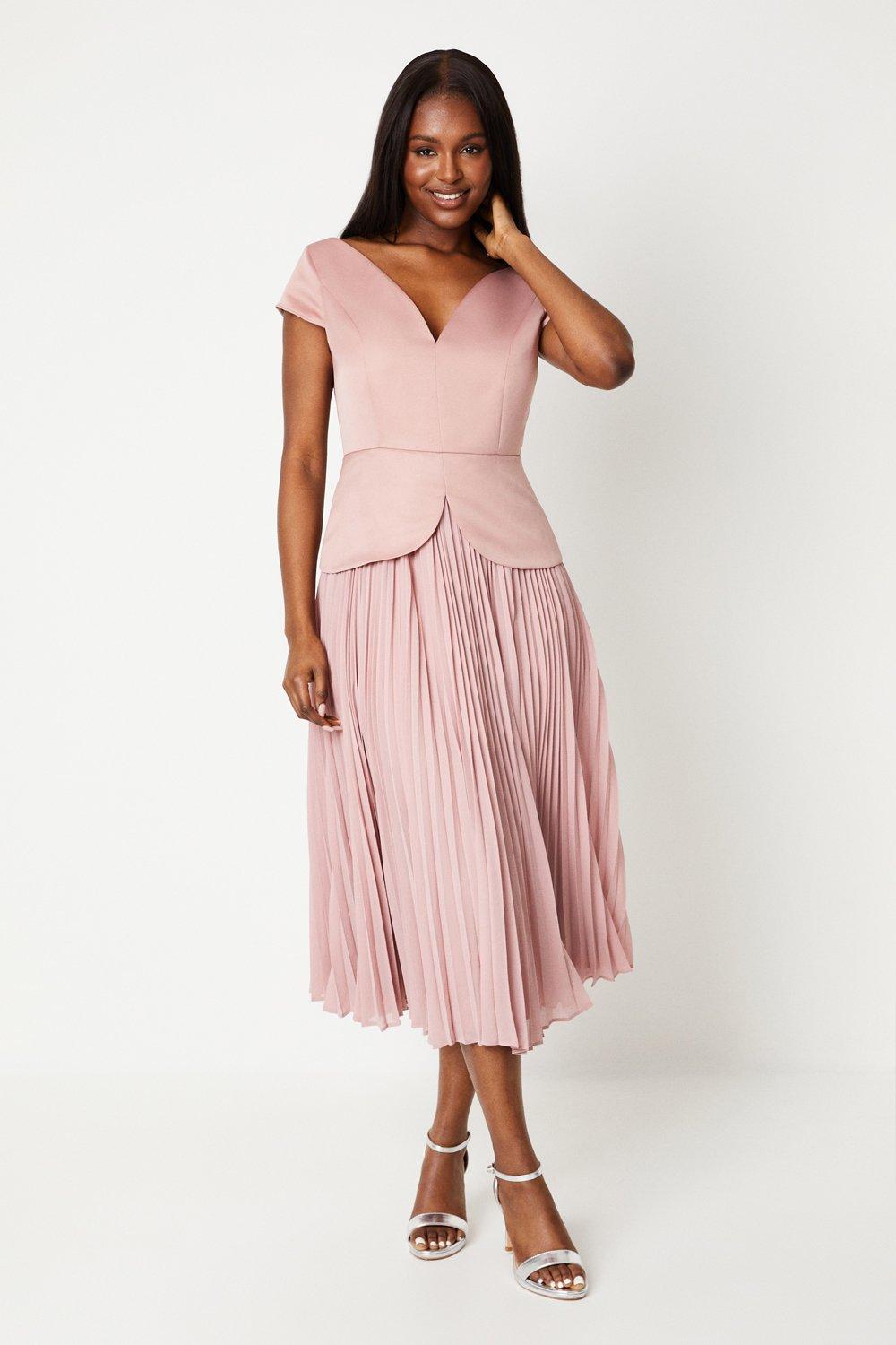 Pleated Skirt Overlay Bodice Midi Dress - Pink