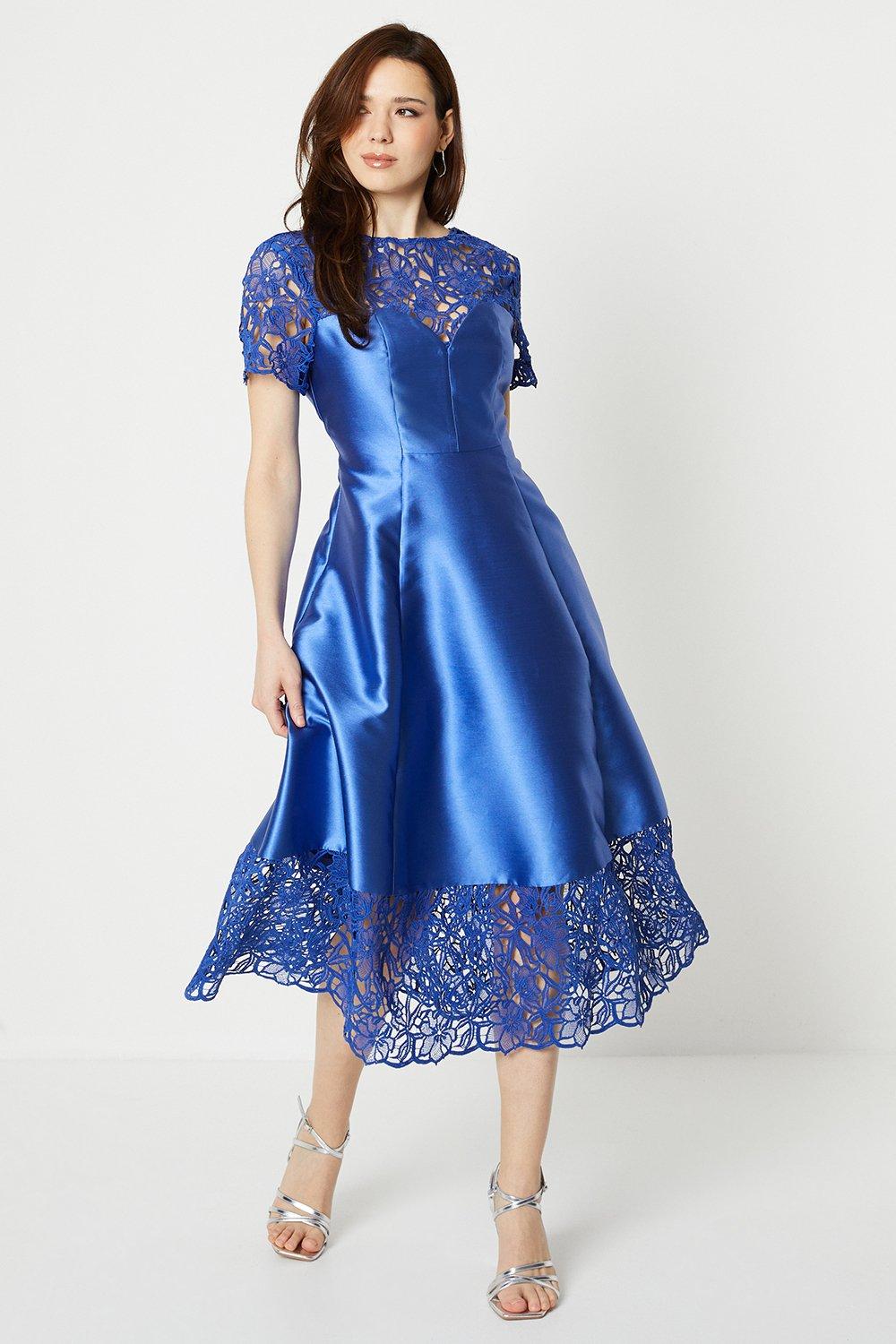Twill Midi Dress With Lace Hem And Top - Blue