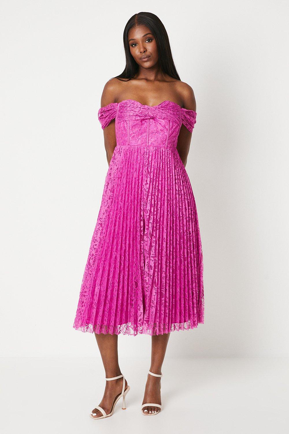 Bardot Twist Lace Midi Dress - Purple