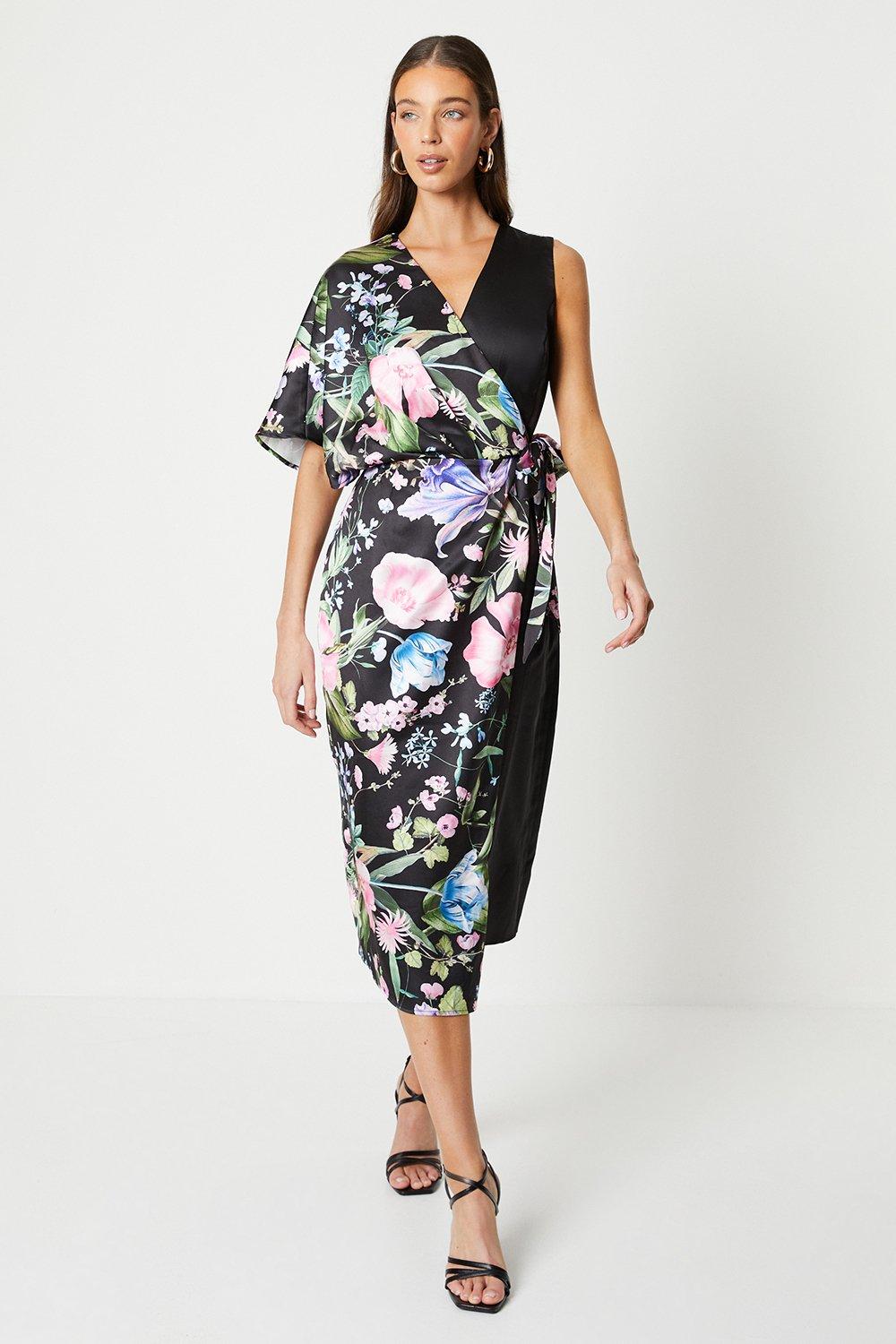 One Sleeve Printed Wrap Dress