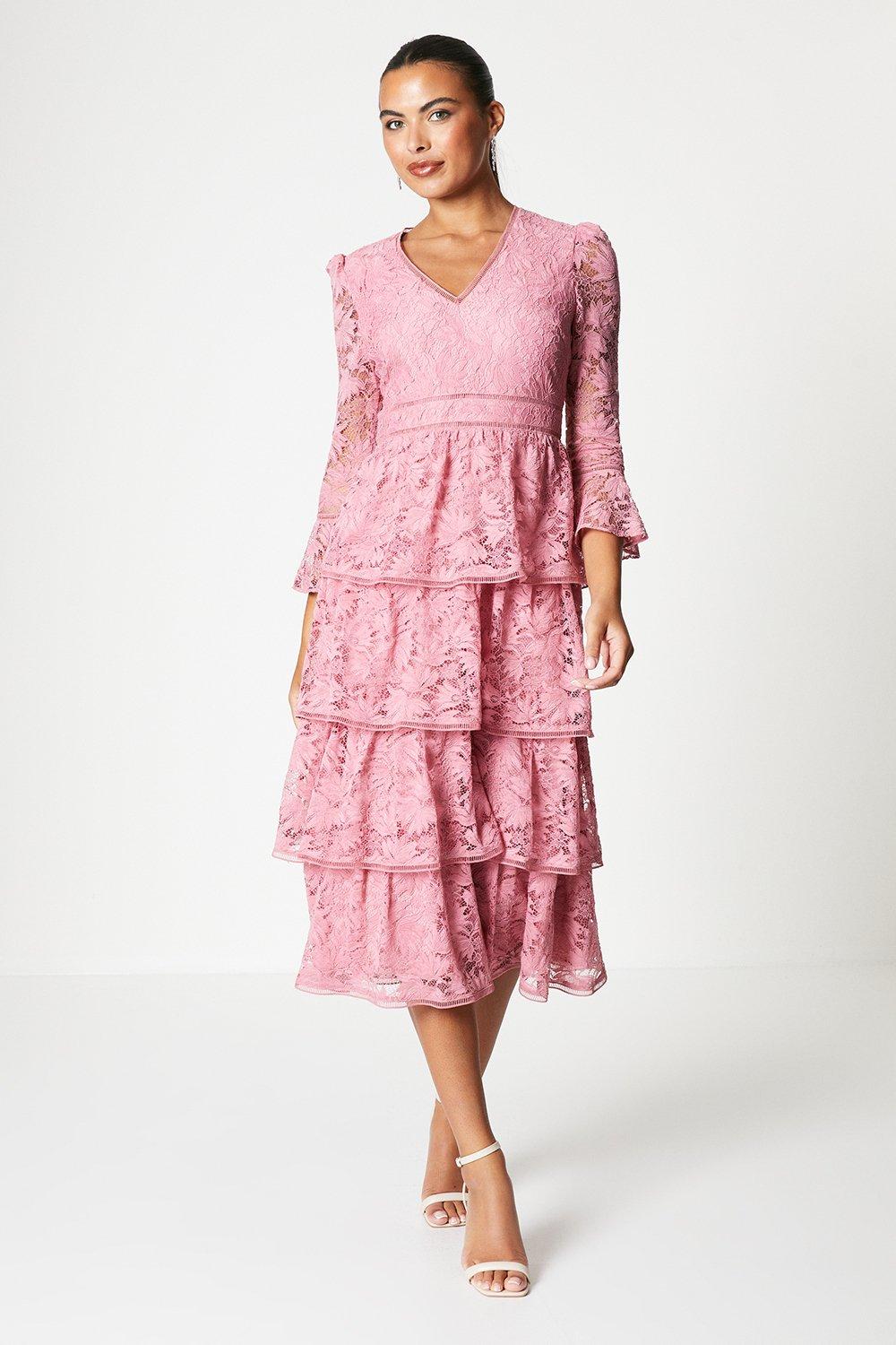 Layered Lace Dress With Ruffle Sleeve - Pink