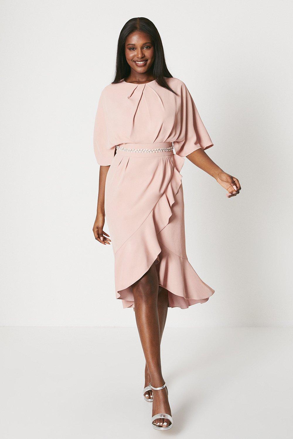 Crepe Frill Wrap Dress With Pearl Waist - Pink