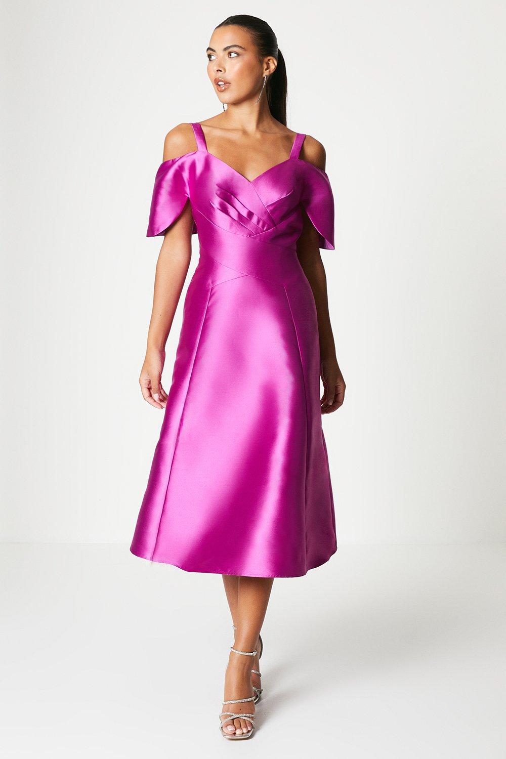 Twill Midi Dress With Strappy Bardot - Pink