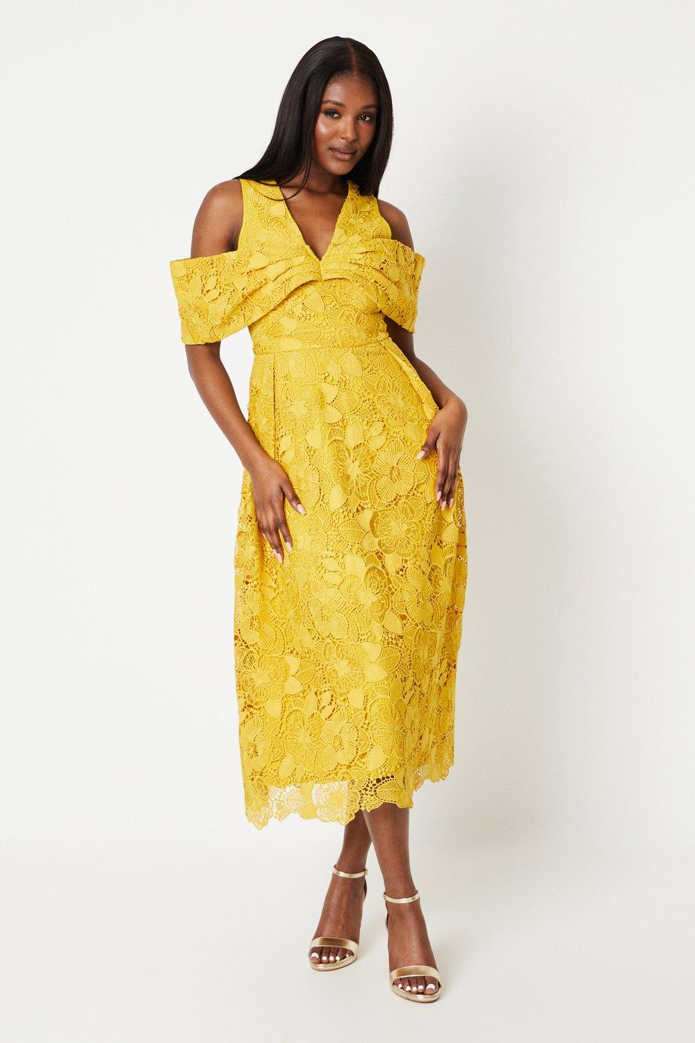 Bardot Panel Lace Midi Dress - Yellow