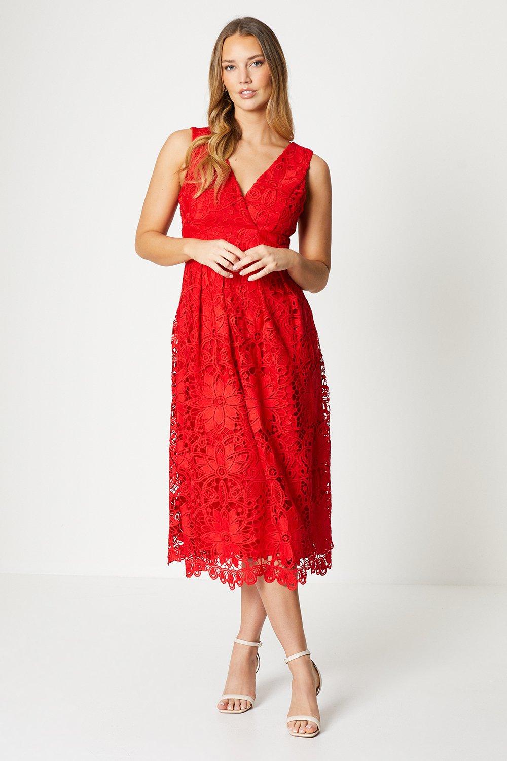 Lace V-neck Midi Dress - Red