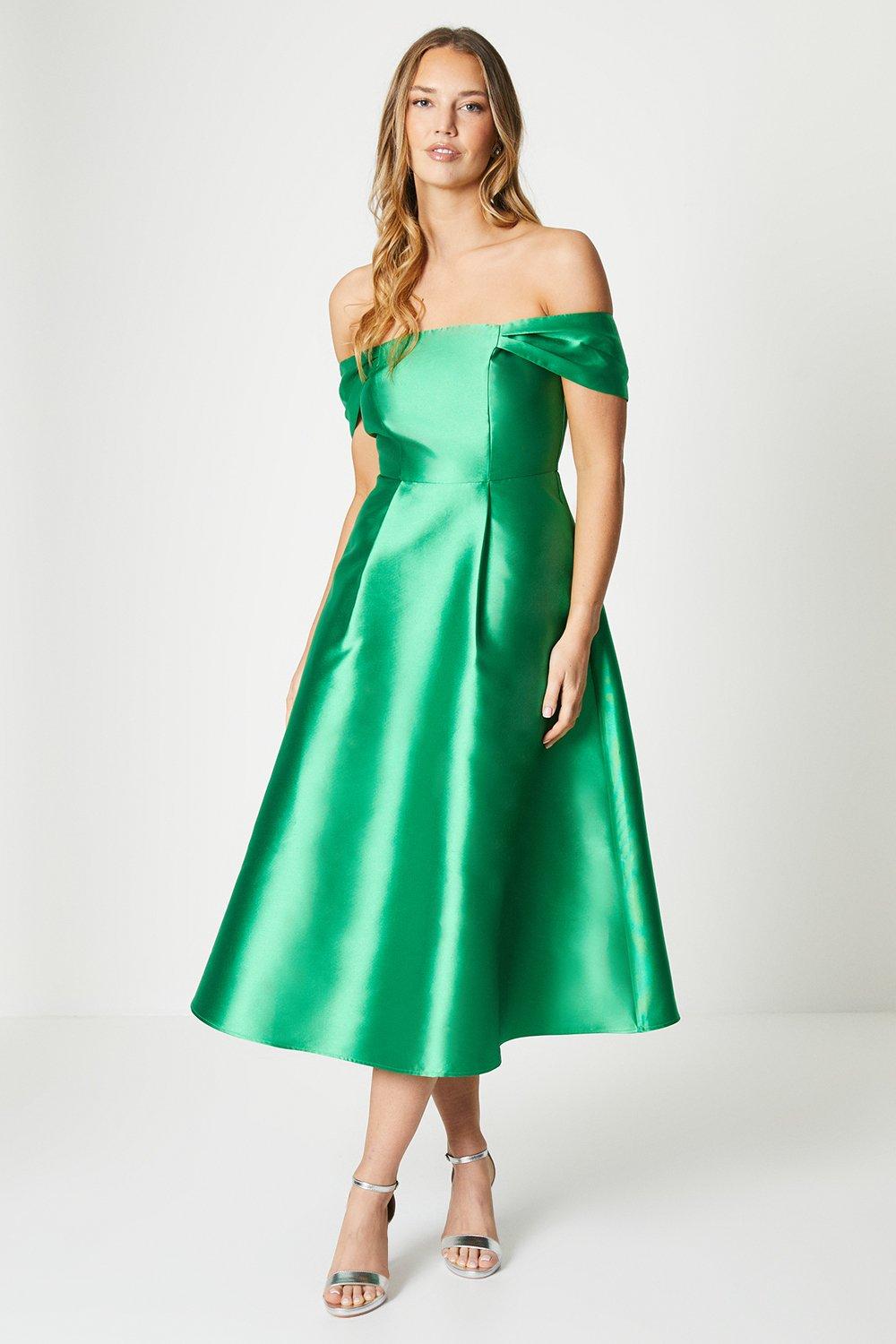 Bardot Strap Twill Midi Dress - Green