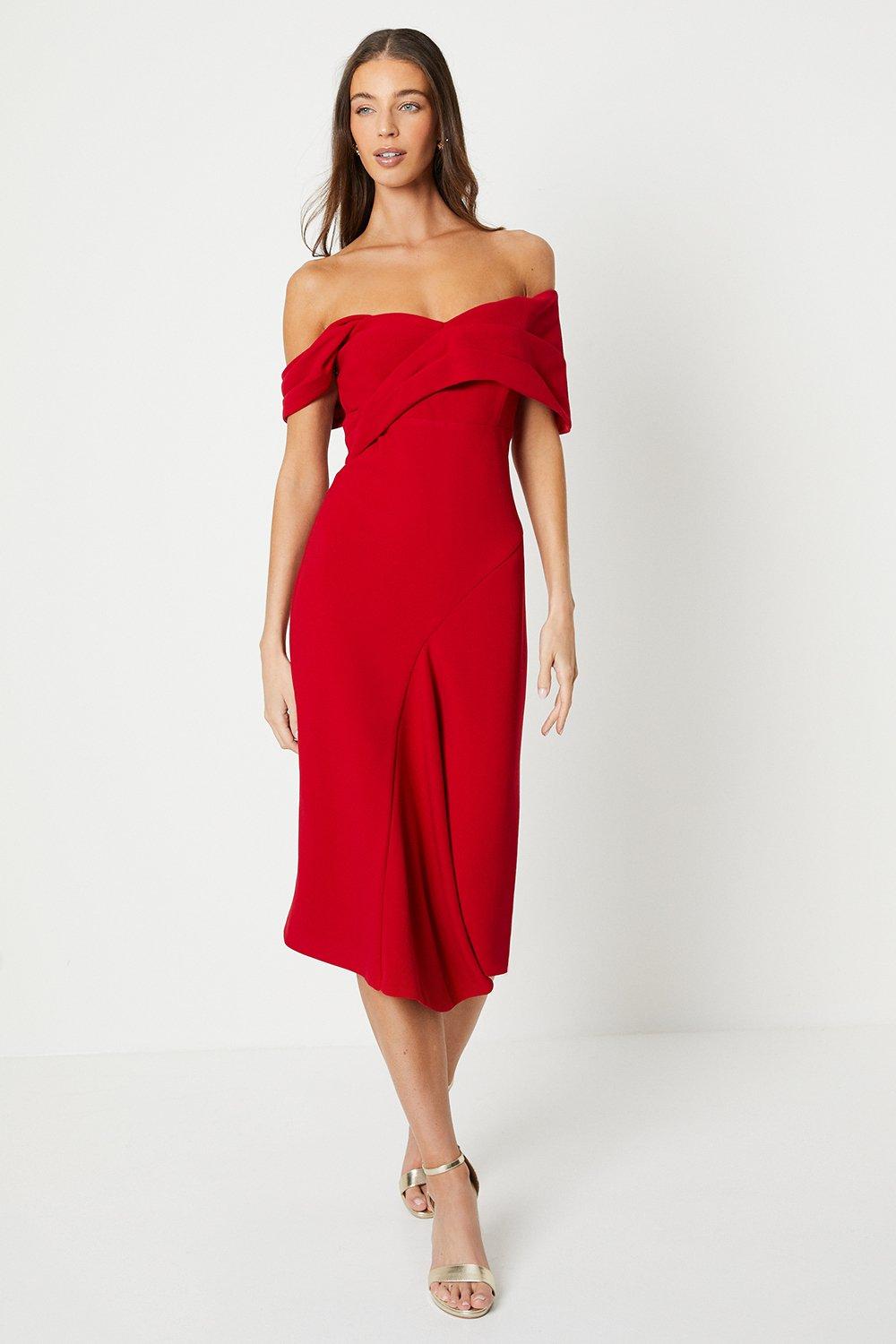 Asymmetrical Pleated Strap Pencil Dress - Red