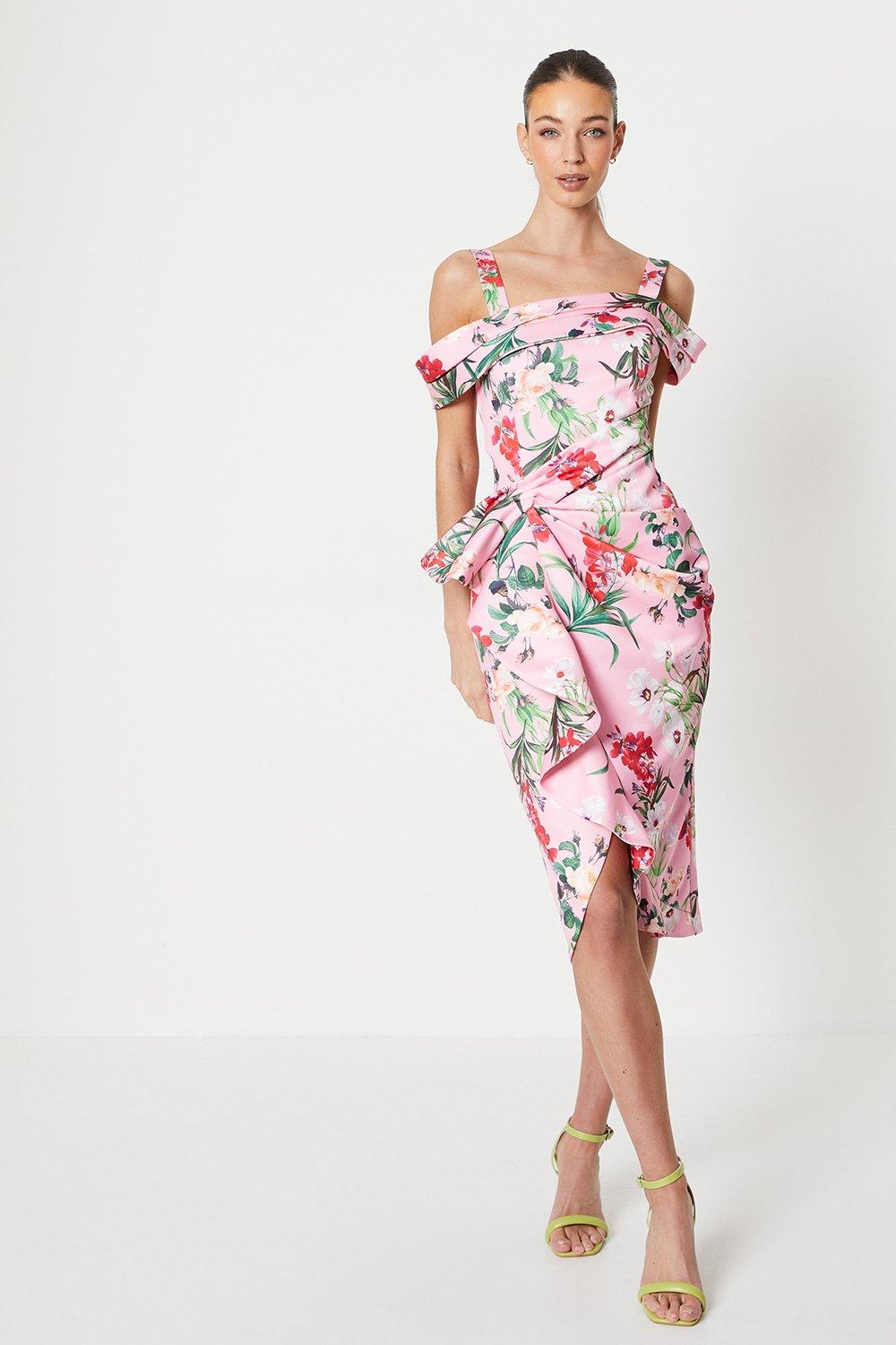 Floral Satin Ruched Pencil Dress - Pink
