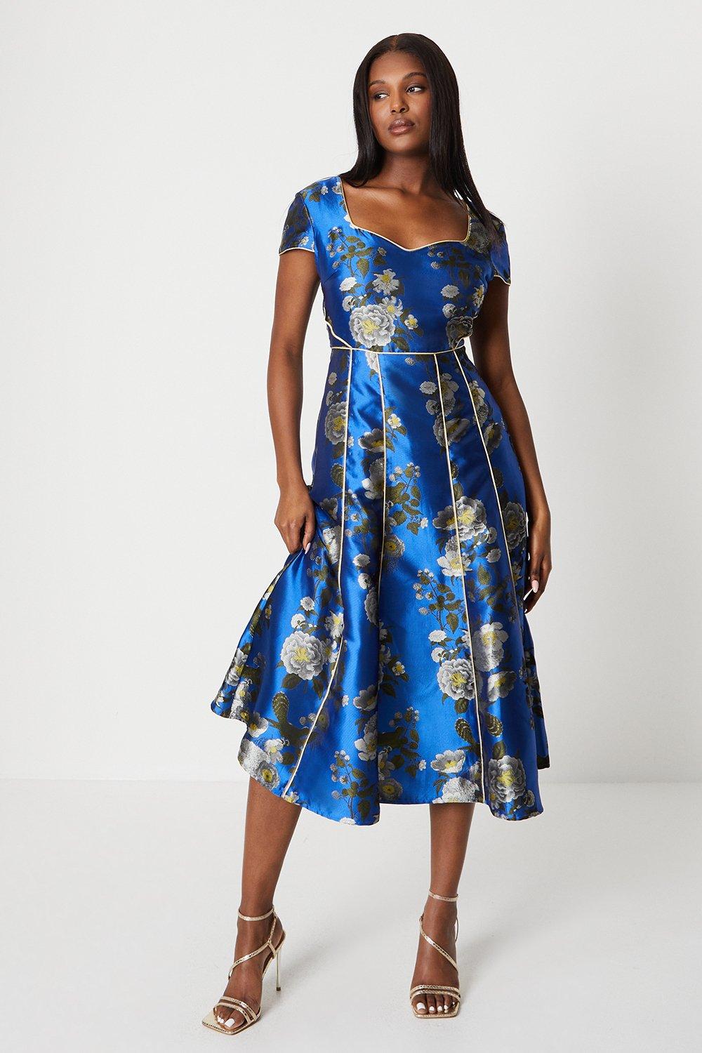 Jacquard Sweetheart Neckline Midi Dress With Piping - Blue