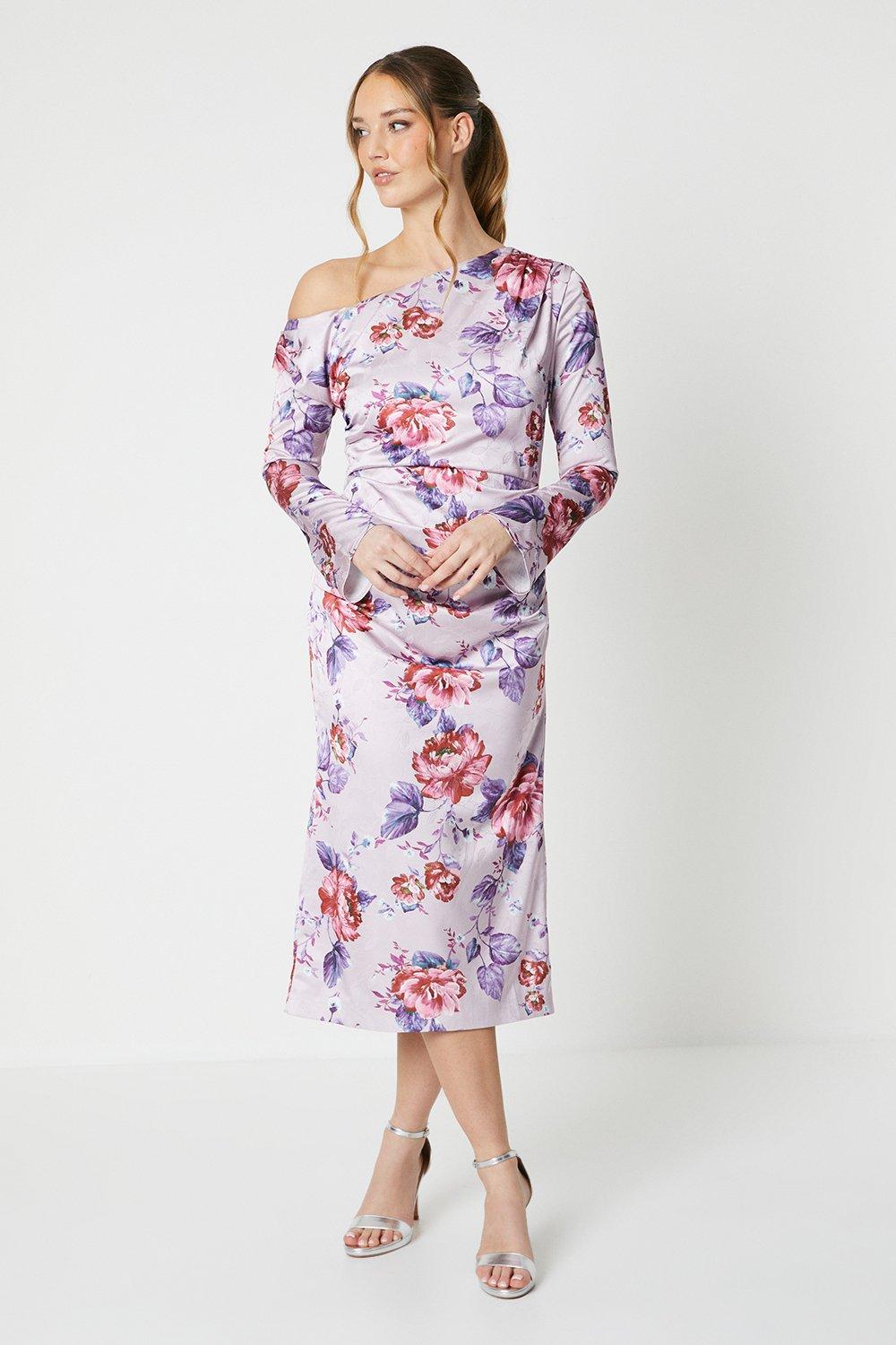 Floral Print Drape Satin Jacquard Midi Dress - Pink