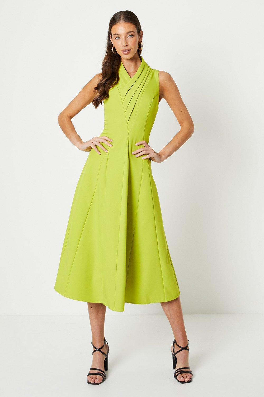 Crepe Pleat Collar Full Skirt Midi Dress - Green