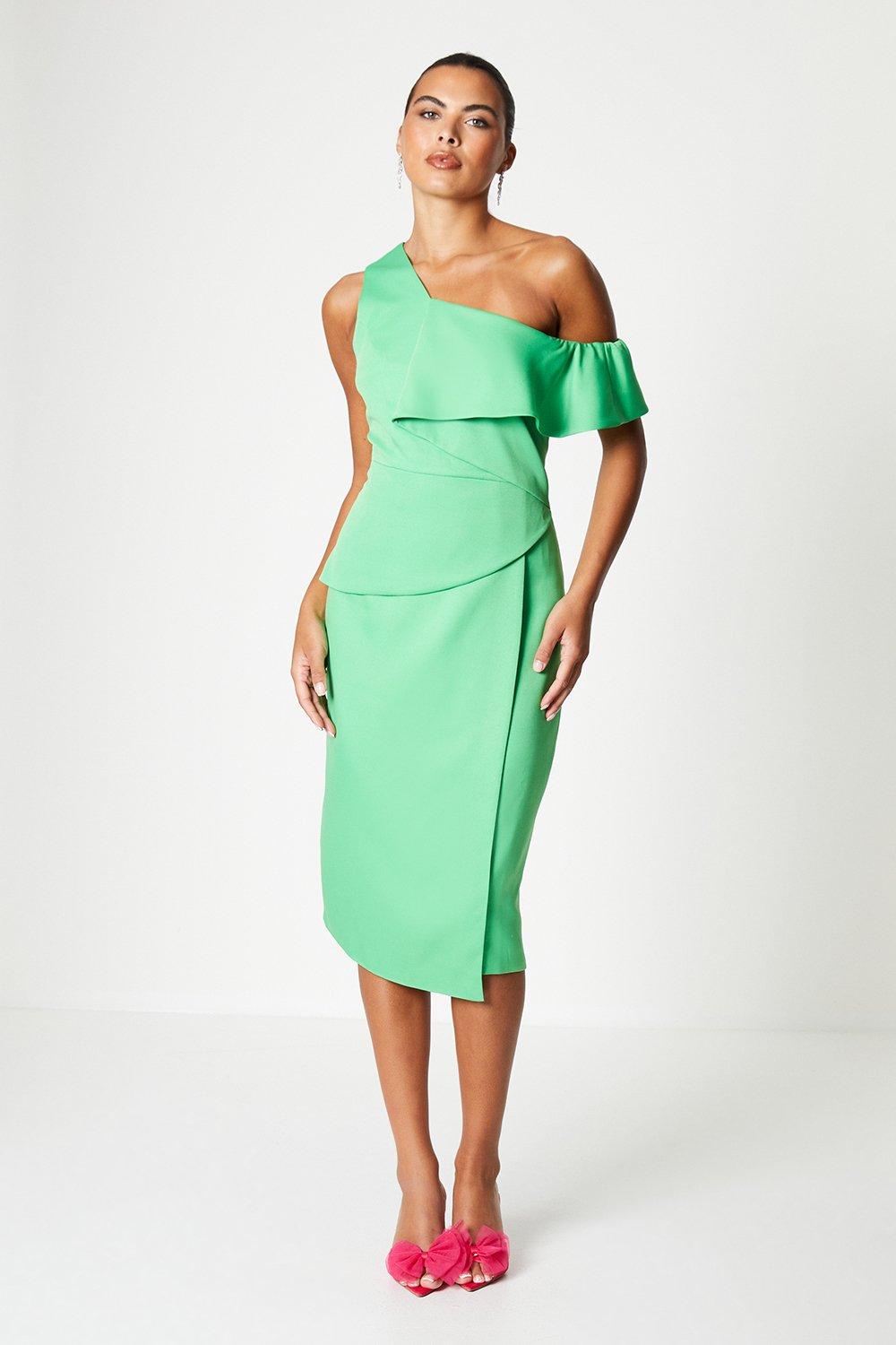 Crepe Fallen Shoulder Fold Layer Dress - Green