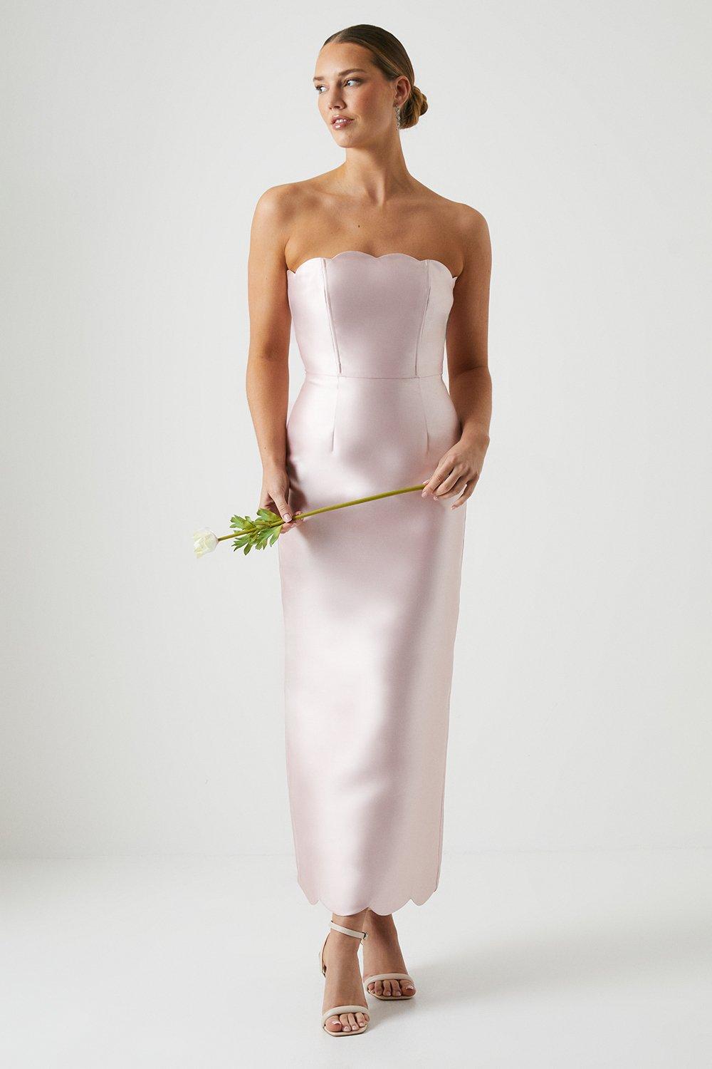 Scallop Detail Twill Column Bridesmaids Dress - Pink