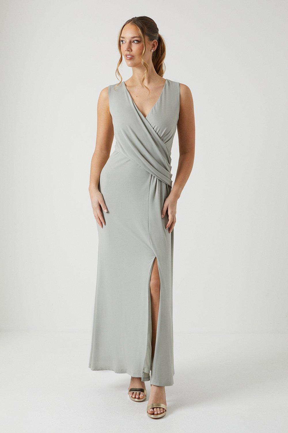 Drape Detail Slinky Jersey Bridesmaids Maxi Dress - Sage