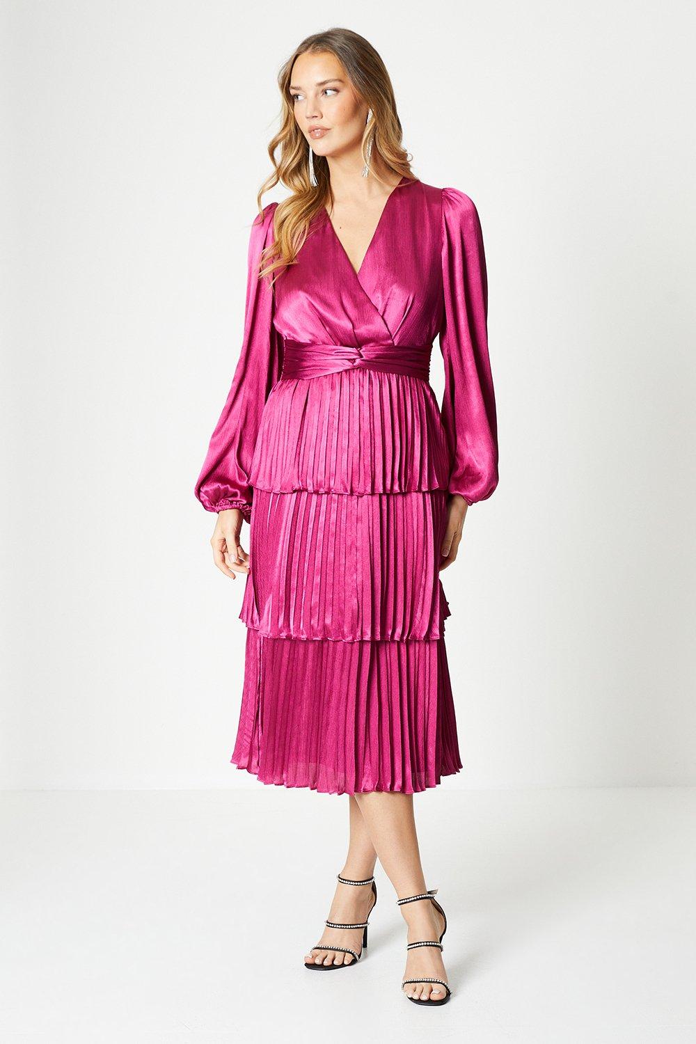 Tiered Pleated Skirt Satin Midi Dress With Long Sleeve - Pink