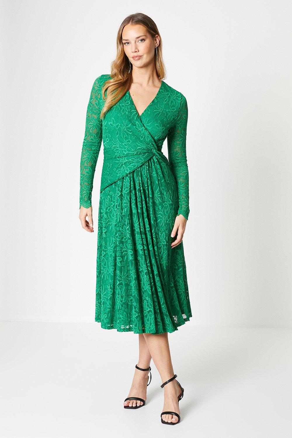 Lace Wrap Front Midi Dress - Green