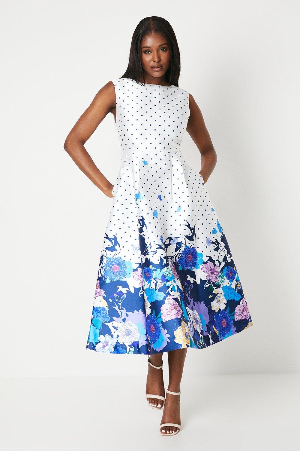 Spot & Floral Placement Print Twill Dress - Blue