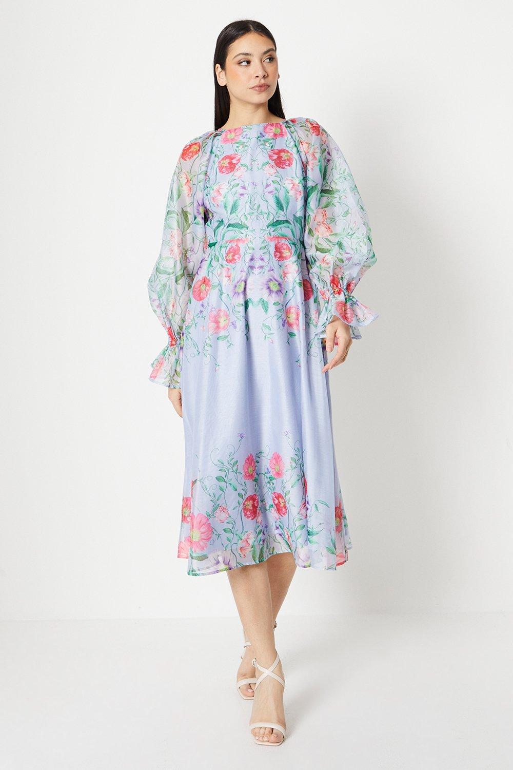 Placement Print Cloudy Organza Midi Dress - Lilac