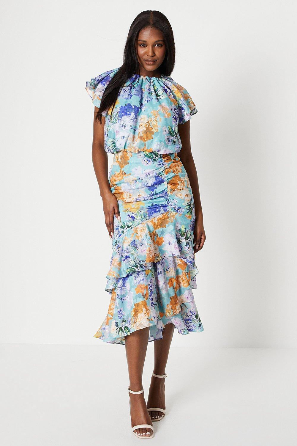 Georgette Jacquard Midi Dress With Ruched Skirt - Aqua