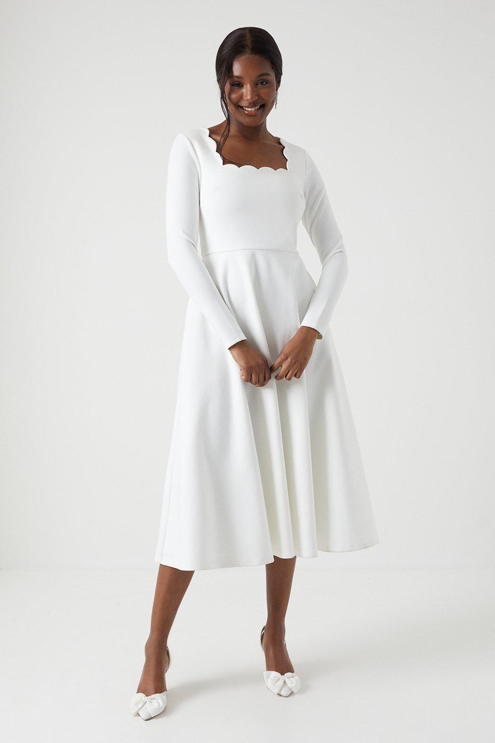 Scallop Neckline Long Sleeve Midi Wedding Dress - Ivory