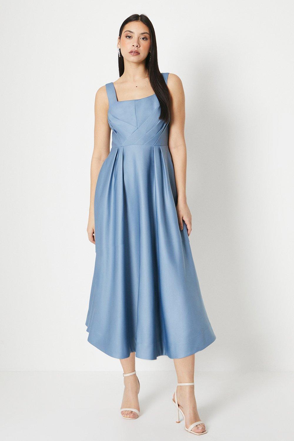 Panelled Bodice Satin Midi Dress - Blue