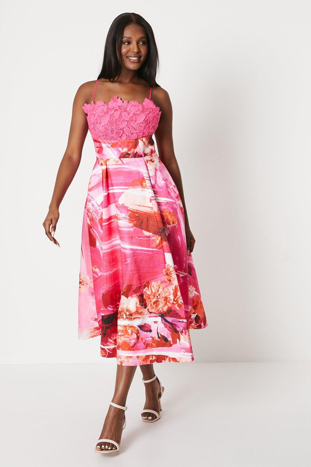 Lace Bodice Organza Skirt Midi Dress - Pink