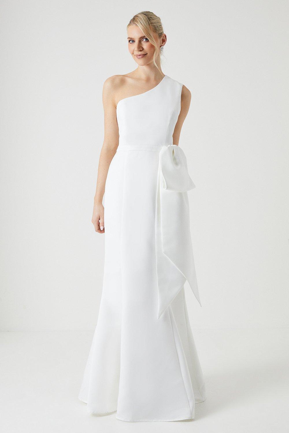 Structured Satin Statement Bow One Shoulder Bridal Dress - Ivory
