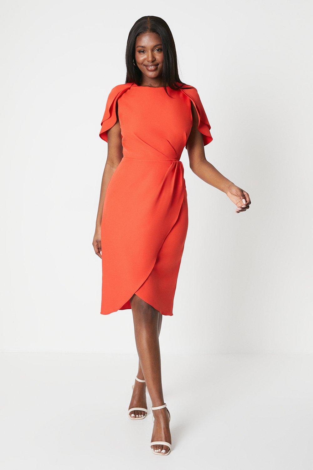 Ruffle Cape Sleeve Wrap Skirt Midi Dress - Orange