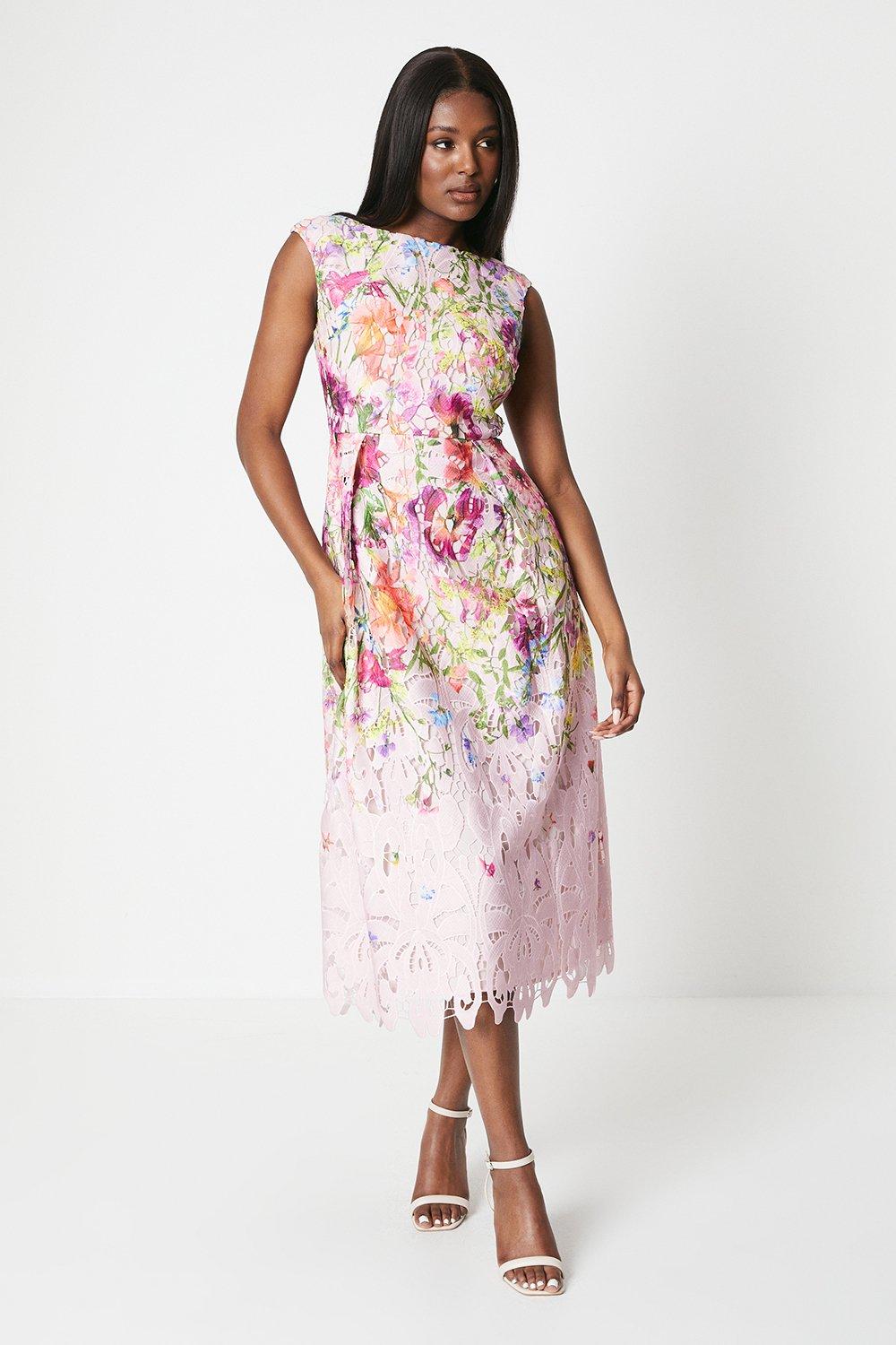 Printed Lace Sleeveless Midi Dress - Pink
