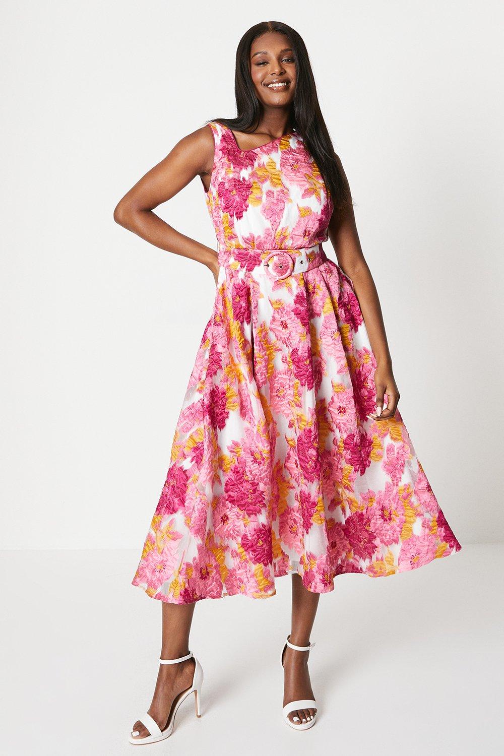 Asymmetrical Sleeveless Jacquard Midi Dress - Pink