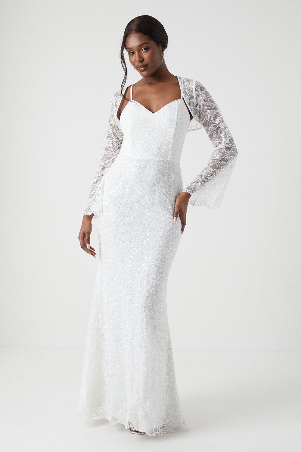 Sequin Lace Wedding Dress With Bolero - Ivory