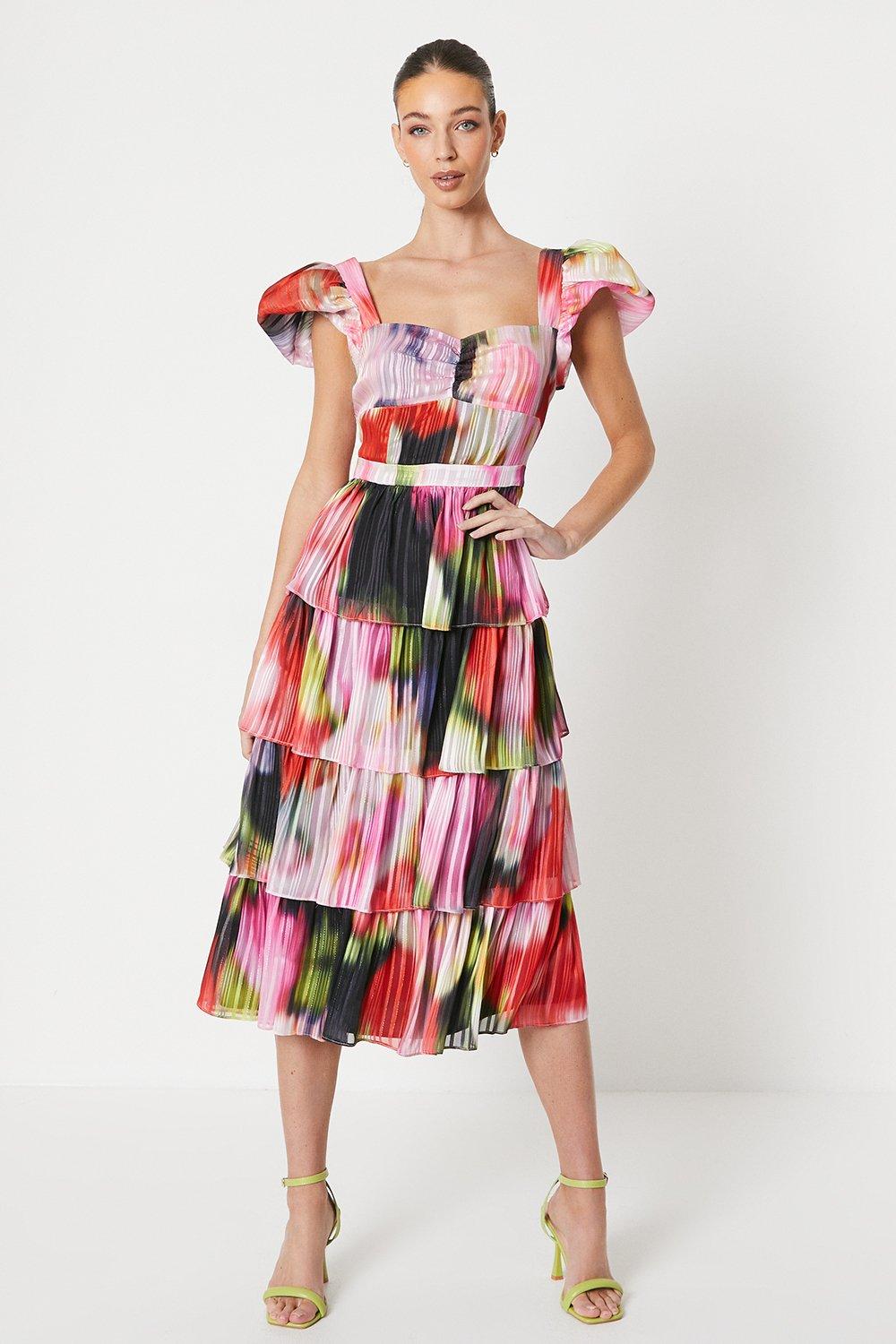 Floral Stripe Organza Layered Ruffle Dress - Pink