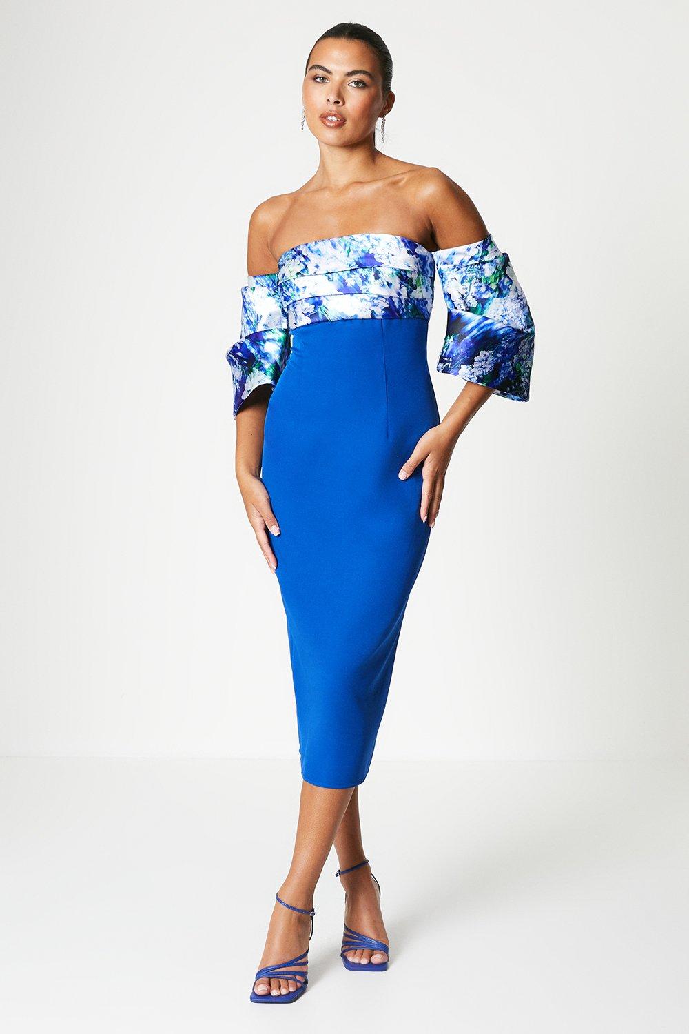 Printed Pleat Bardot Midi Dress - Blue