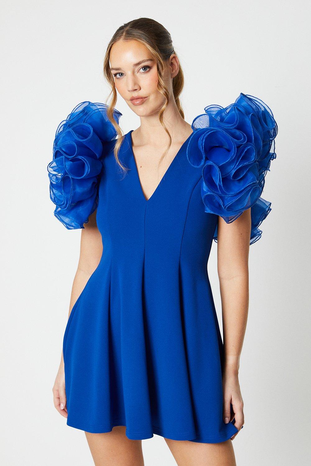 Organza Ruffle Sleeve Crepe Mini Dress - Blue