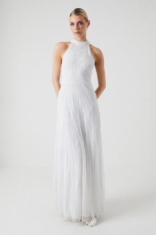Bridal White Twist Plunge Halterneck Maxi Dress