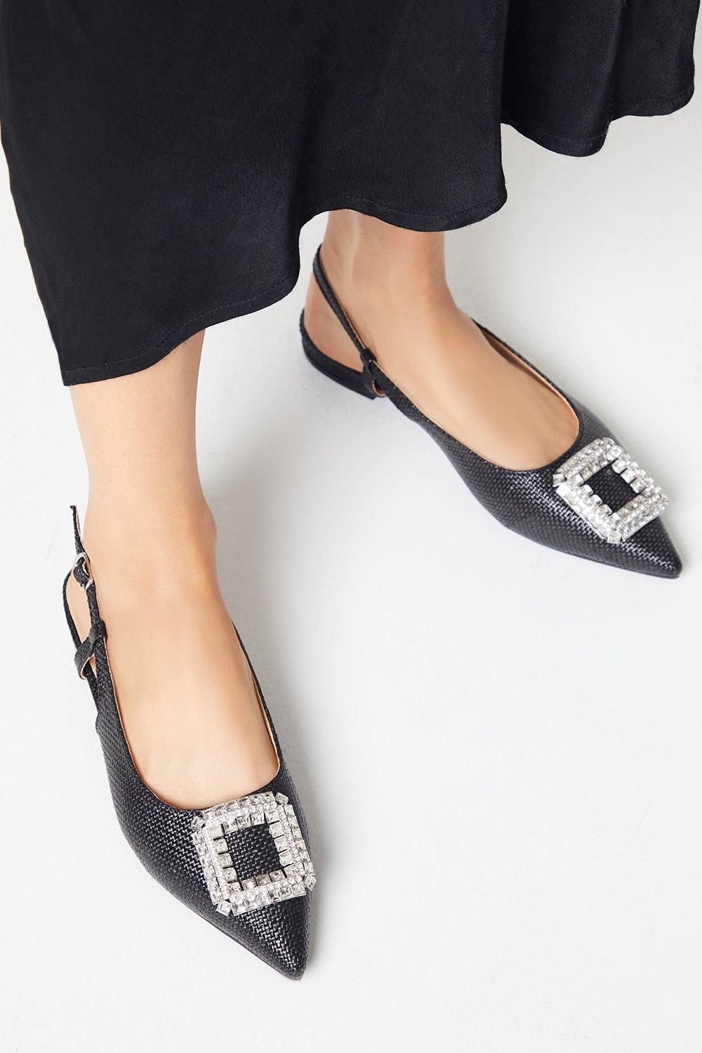 Lilly Sling Back Diamante Brooch Flat Pointed Shoes - Black