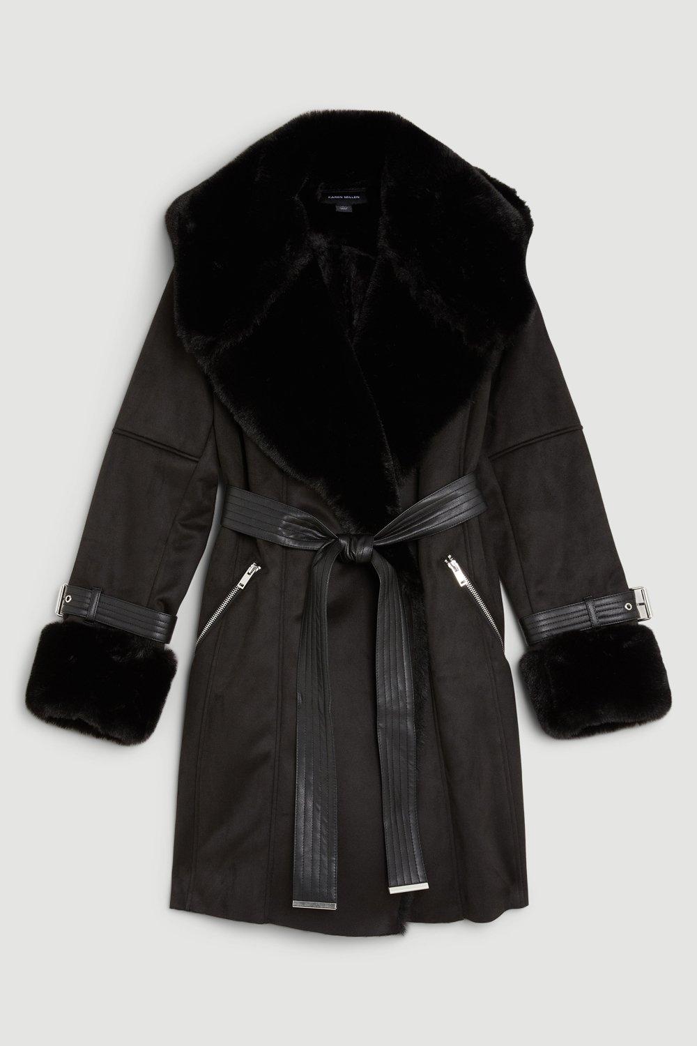 KAREN MILLEN Collared Faux Fur Belted Coat in Toffee