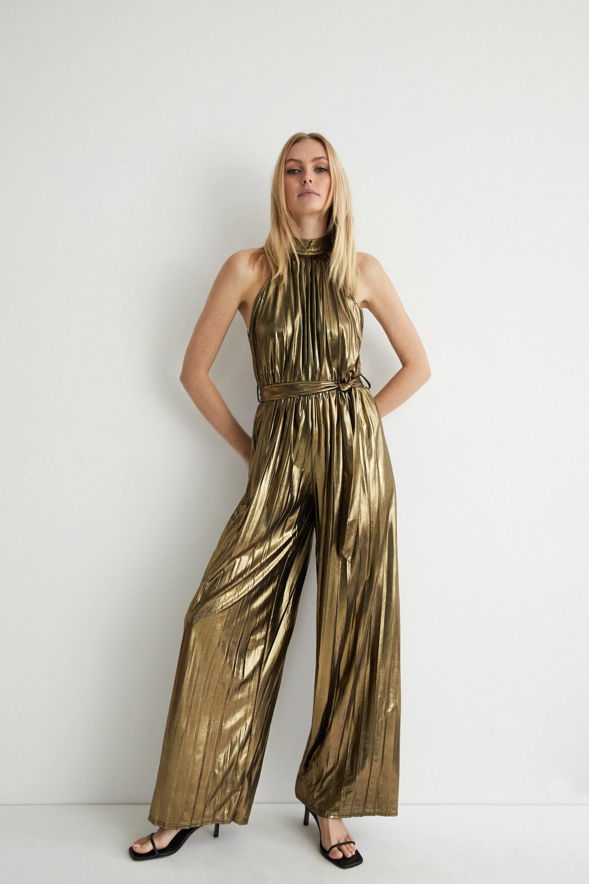 Jumpsuits | Metallic Lame Pleated Halter Neck Jumpsuit | Warehouse