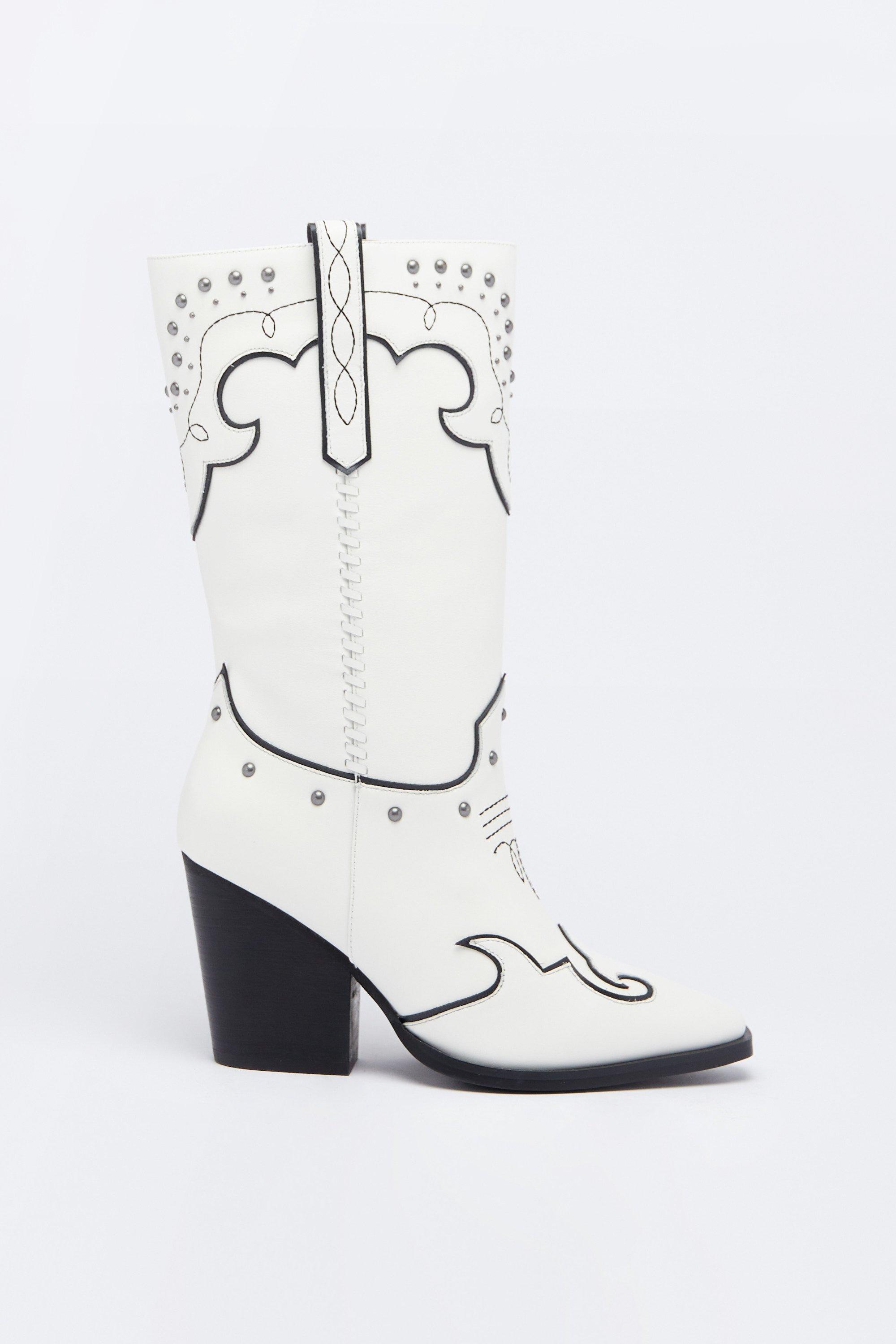 Boots | Leather Studded Contrast Stitch Cowboy Boot | Warehouse