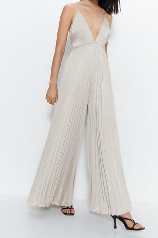 In The Style exclusive satin wrap detail pleated wide leg jumpsuit